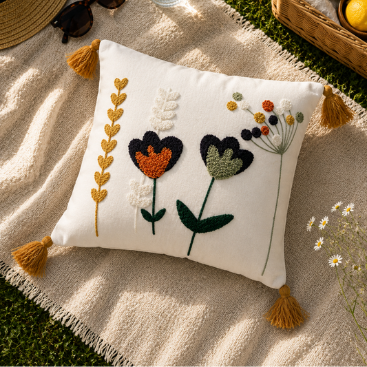 Wildflower Series square heart bloom embroidered cushion with tassels 