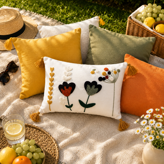 Wildflower Series square bloom embroidered cushion with tassels
