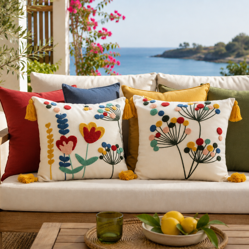 Vivid Bloom Collection square embroidered cushion cover with yellow tassels, tulip meadow floral motif in red, mustard, teal, and blush – 43x43 cm decorative pillow