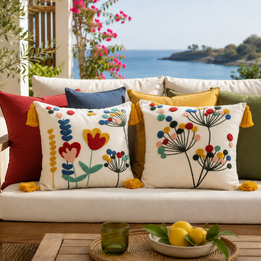 Vivid Bloom Collection square embroidered cushion cover with yellow tassels, tulip meadow floral motif in red, mustard, teal, and blush – 43x43 cm decorative pillow