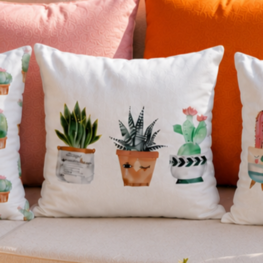 Minimal cushion cover with watercolor potted plant illustrations on a clean white decorative pillow
