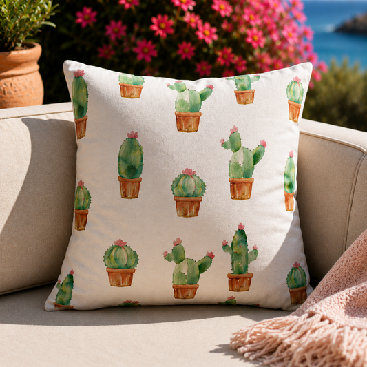 Cute cactus pattern cushion cover with repeating watercolor potted plants on decorative pillow