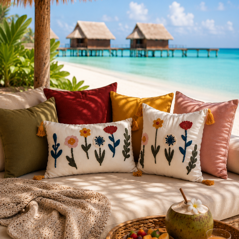 Decorative pillows with floral patterns on a gray sofa outdoors.