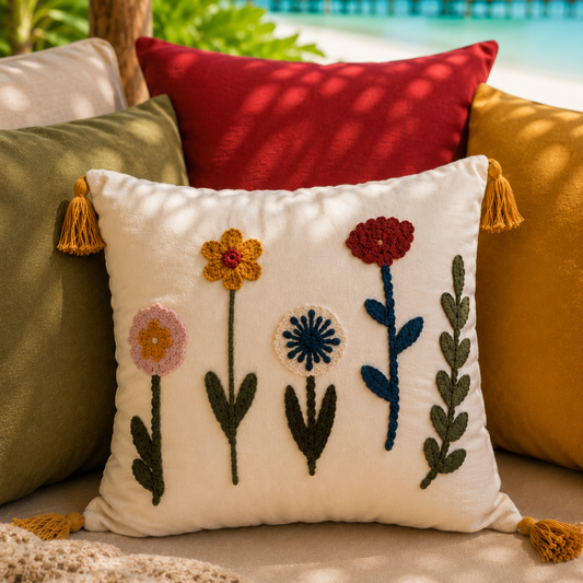 Bloomfield Collection square embroidered floral cushion with tassels – boho decorative pillow for living room or bedroom décor