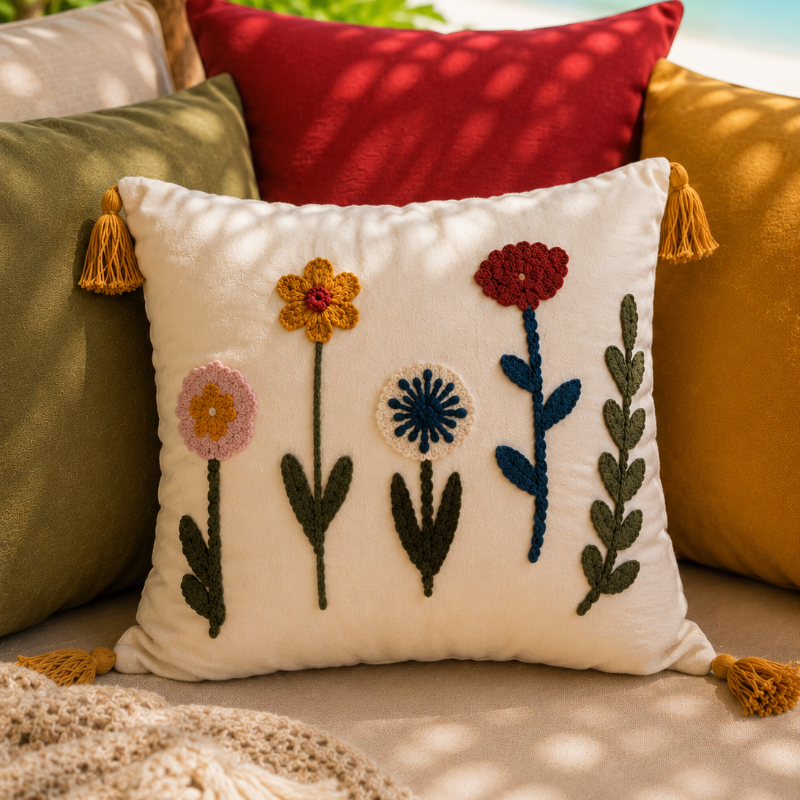 Decorative pillows with floral patterns on a gray sofa outdoors.