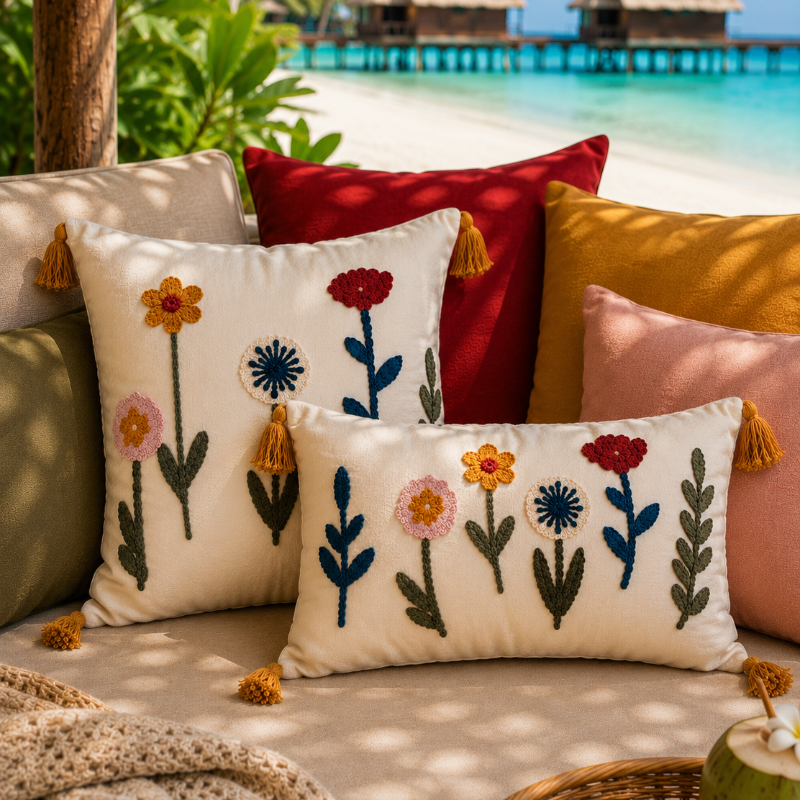 Decorative pillows with floral patterns on a gray sofa outdoors.