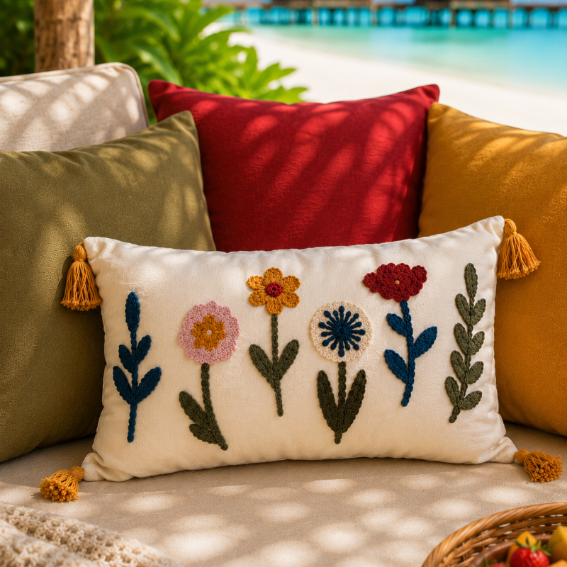 Decorative pillows with floral patterns on a gray sofa outdoors.