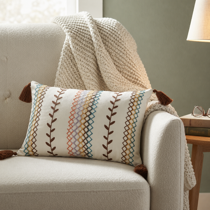 Boho cushion cover, embroidered cushion, rectangular cushion, sofa decor, tassel pillow cover, bohemian home decor, modern eclectic cushion, decorative pillowcase
