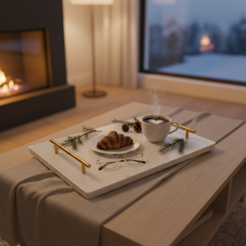 White Marble Rectangle Tray with Brass Handles