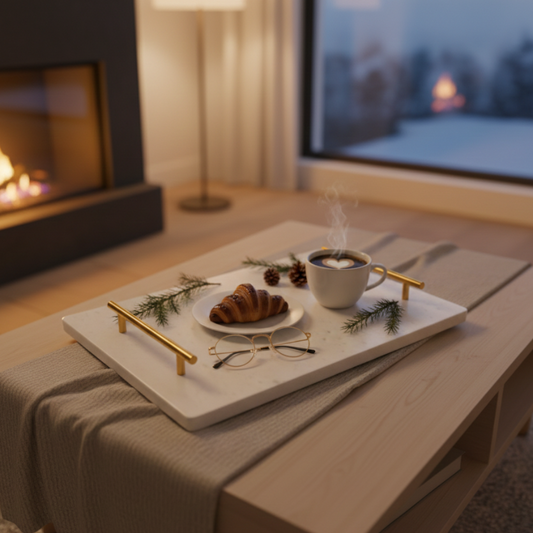 White Marble Rectangle Tray with Brass Handles