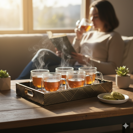 Patterned wooden tray with glass tea cups, cookies, and sunlight on a cozy table – warm morning home décor scene.