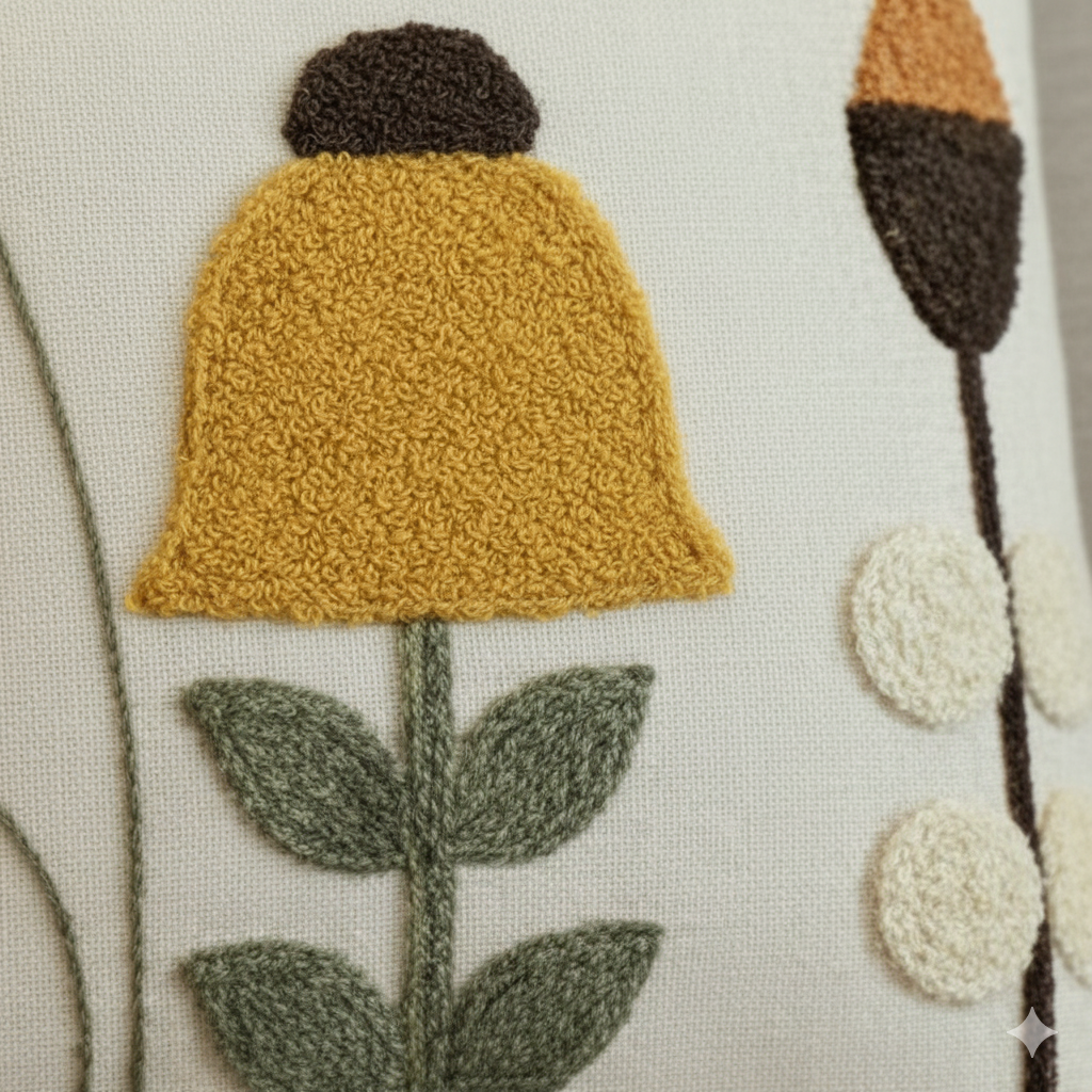 Contempo Floral Collection square embroidered cushion cover with yellow tassels, wildflower motif in mustard, orange, green, and black on white – 43x43 cm decorative pillow