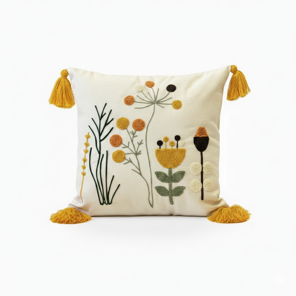 Contempo Floral Collection square embroidered cushion cover with yellow tassels, wildflower motif in mustard, orange, green, and black on white – 43x43 cm decorative pillow