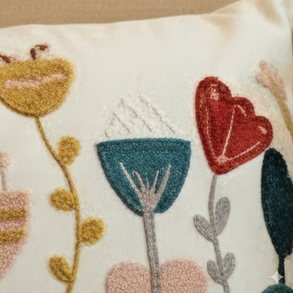 Contempo Floral Collection square embroidered cushion cover with yellow tassels, featuring tulip and heart floral motifs in red, yellow, and blue – 43x43 cm decorative pillow
