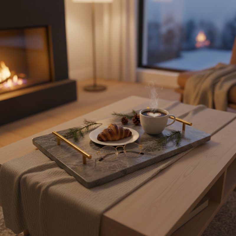 Slate Luxe Marble Rectangle Tray With Brass Handles