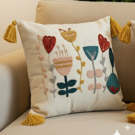 Contempo Floral Collection square embroidered cushion cover with yellow tassels, featuring tulip and heart floral motifs in red, yellow, and blue – 43x43 cm decorative pillow