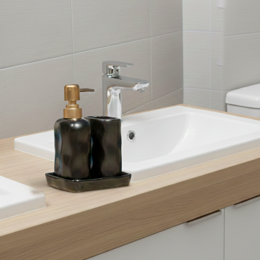 Luxury Stone Black -Effect Bathroom Accessories Set – Soap Dispenser, Tumbler & Tray