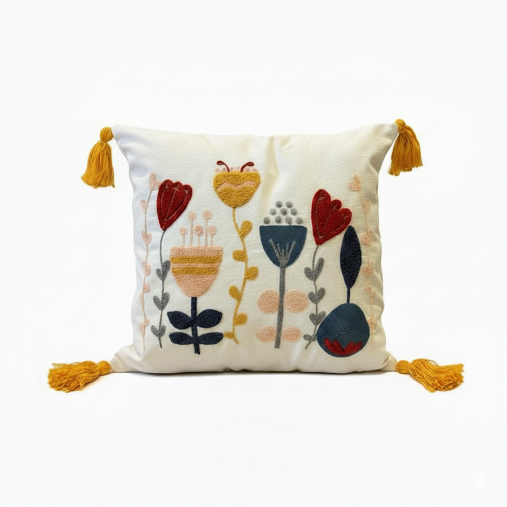 Contempo Floral Collection square embroidered cushion cover with yellow tassels, featuring tulip and heart floral motifs in red, yellow, and blue – 43x43 cm decorative pillow