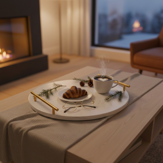 Luxury White Marble Round Serving Tray with Gold Handles – Elegant Home Décor Medium & Large Sizes