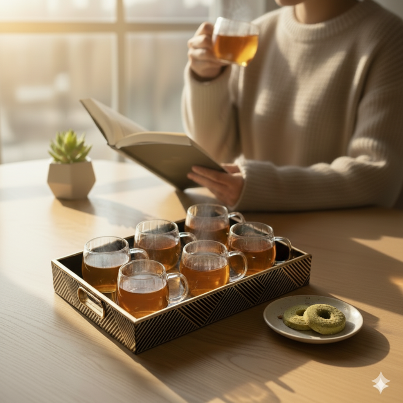 Cozy morning tea setup with glass cups on a decorative tray, cookies, and sunlight — peaceful home décor scene.”