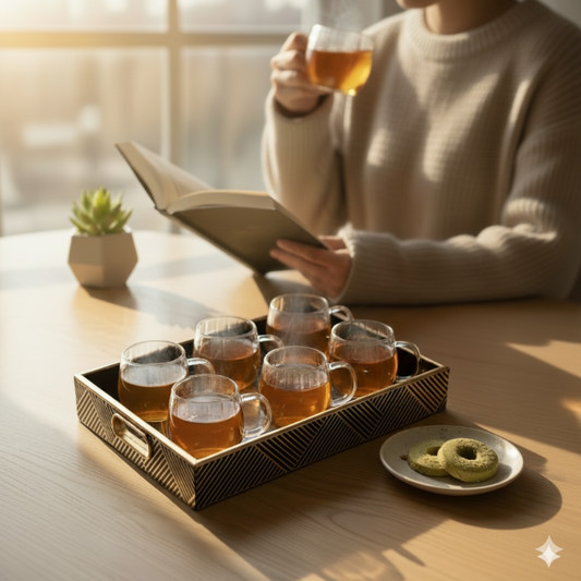 Cozy morning tea setup with glass cups on a decorative tray, cookies, and sunlight — peaceful home décor scene.”