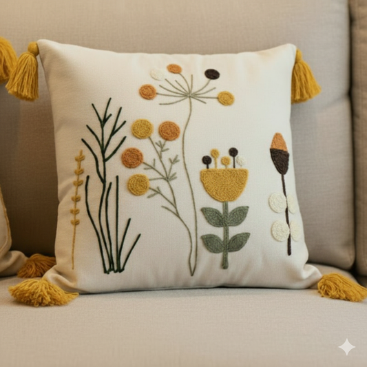 Contempo Floral Collection square embroidered cushion cover with yellow tassels, wildflower motif in mustard, orange, green, and black on white – 43x43 cm decorative pillow