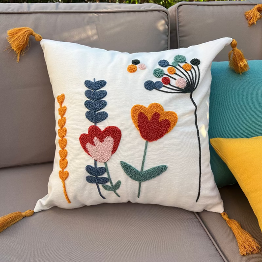 Vivid Bloom Collection square embroidered cushion cover with yellow tassels, tulip meadow floral motif in red, mustard, teal, and blush – 43x43 cm decorative pillow