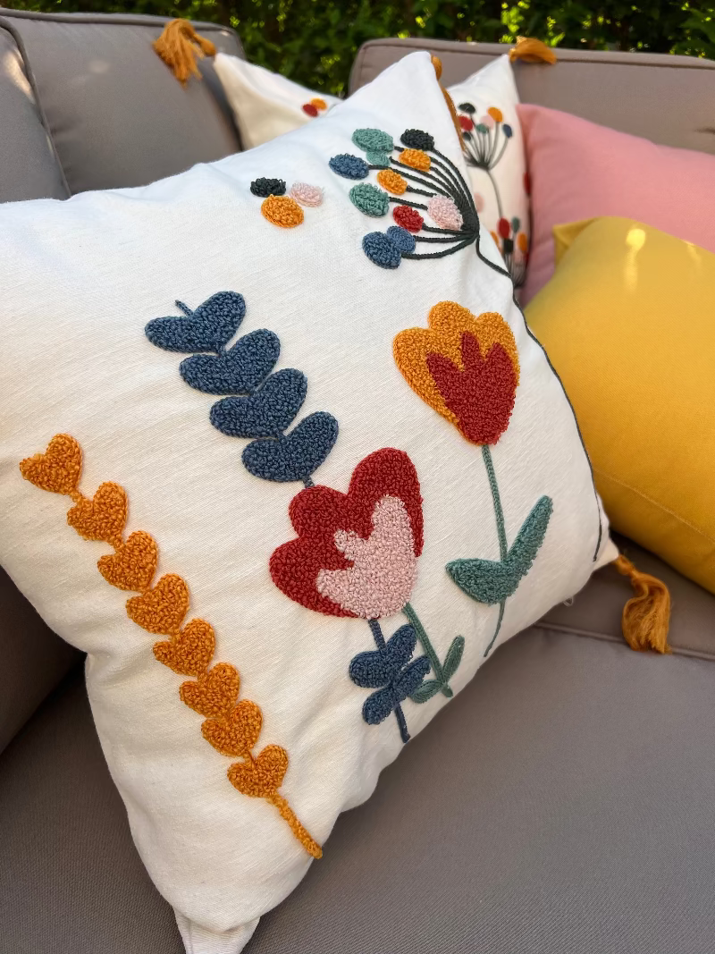 Vivid Bloom Collection square embroidered cushion cover with yellow tassels, dandelion burst floral motif with multi-colored embroidery dots – 43x43 cm decorative pillow