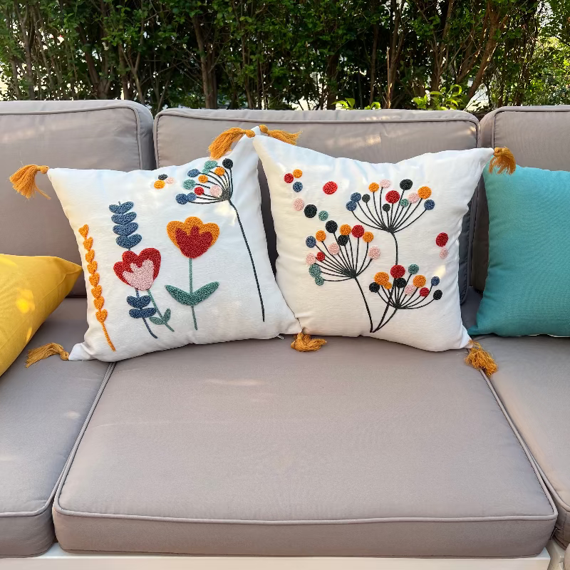 Vivid Bloom Collection square embroidered cushion cover with yellow tassels, dandelion burst floral motif with multi-colored embroidery dots – 43x43 cm decorative pillow