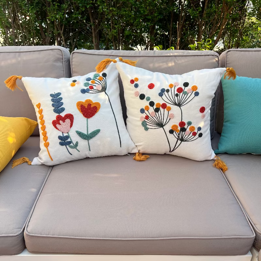 Vivid Bloom Collection square embroidered cushion cover with yellow tassels, dandelion burst floral motif with multi-colored embroidery dots – 43x43 cm decorative pillow