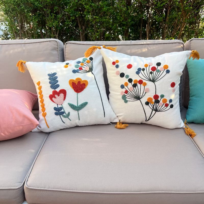 Vivid Bloom Collection square embroidered cushion cover with yellow tassels, dandelion burst floral motif with multi-colored embroidery dots – 43x43 cm decorative pillow