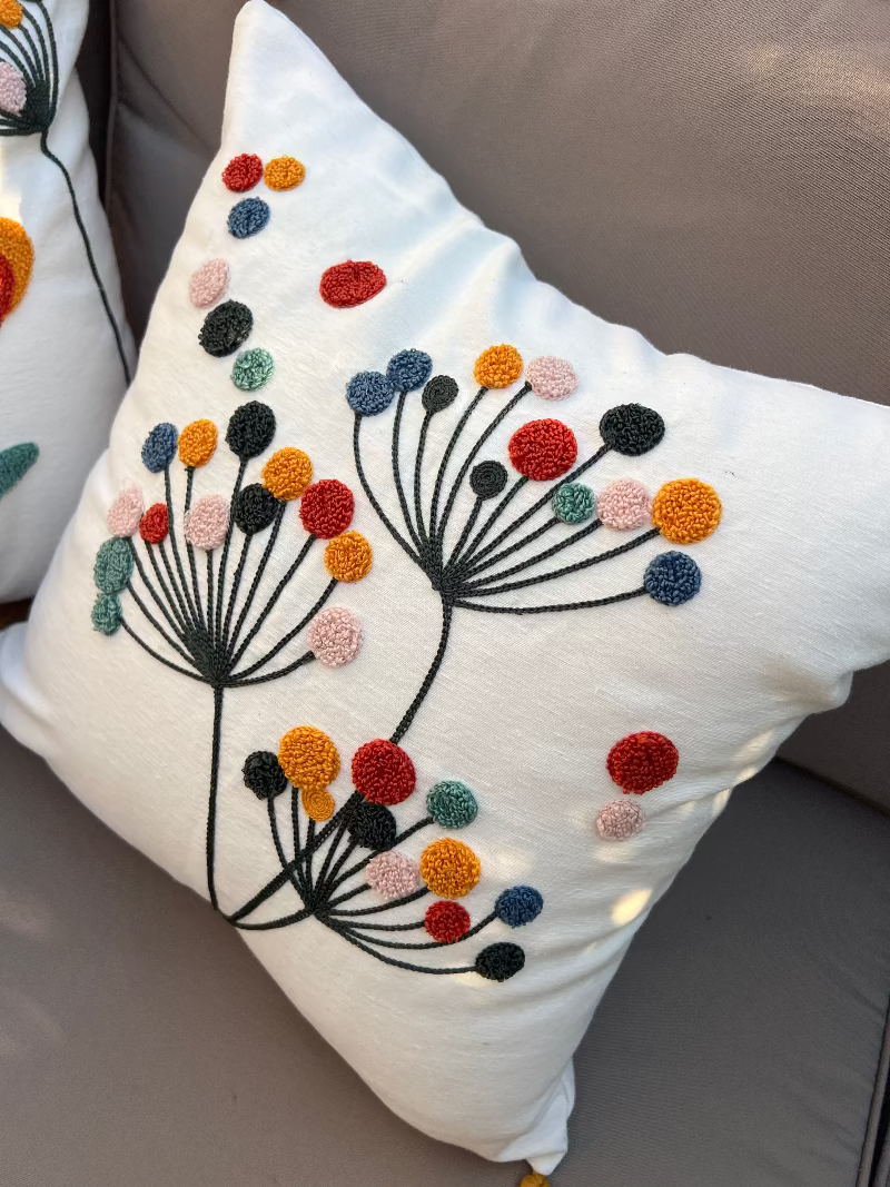 Vivid Bloom Collection square embroidered cushion cover with yellow tassels, dandelion burst floral motif with multi-colored embroidery dots – 43x43 cm decorative pillow
