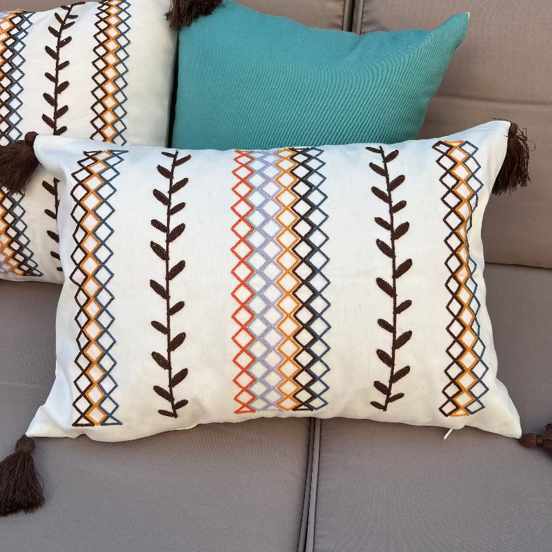 Boho cushion cover, embroidered cushion, rectangular cushion, sofa decor, tassel pillow cover, bohemian home decor, modern eclectic cushion, decorative pillowcase