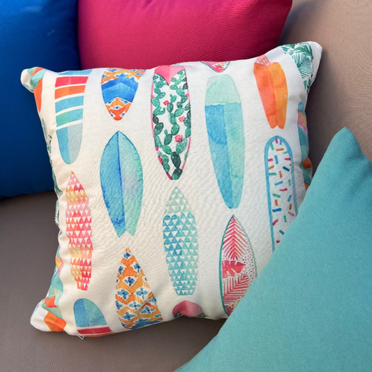 Colorful surfboard pattern cushion cover with tropical pastel designs on decorative pillow