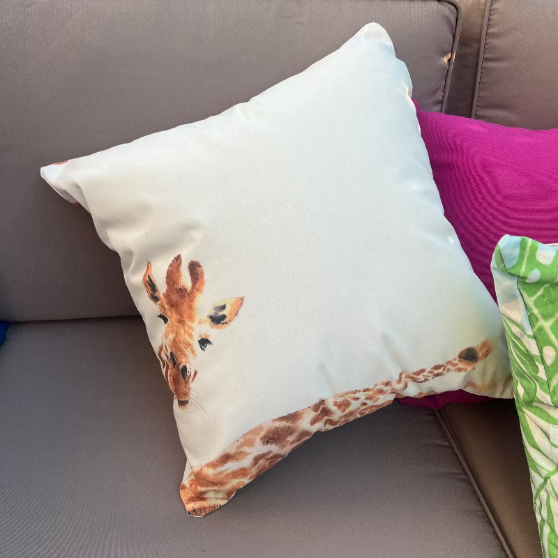 Minimal giraffe cushion cover with watercolor animal illustration on white decorative pillow