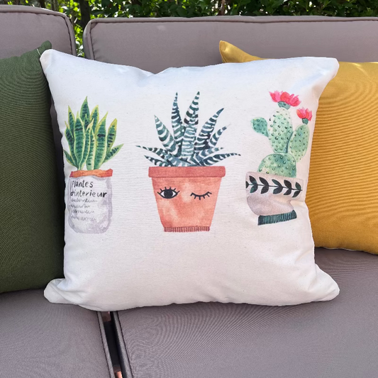 Minimal cushion cover with watercolor potted plant illustrations on a clean white decorative pillow