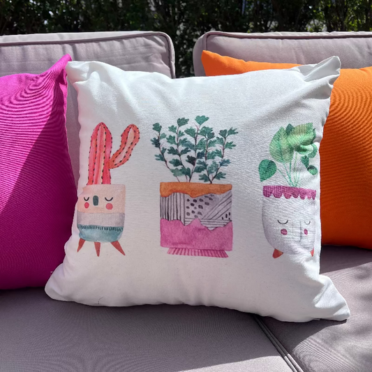 Cute plant face cushion cover with watercolor potted plant illustrations on a minimalist white decorative pillow