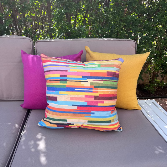 Abstract multicolor striped cushion with geometric horizontal pattern on modern decorative pillow