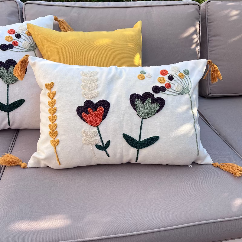Wildflower Series square bloom embroidered cushion with tassels
