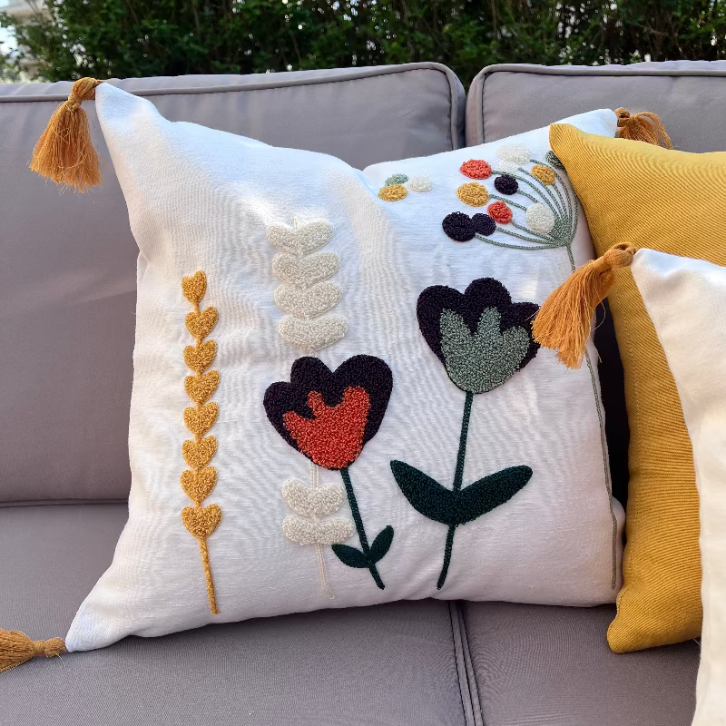 Wildflower Series square bloom embroidered cushion with tassels