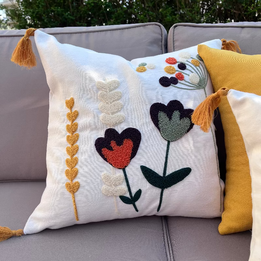 Wildflower Series square bloom embroidered cushion with tassels