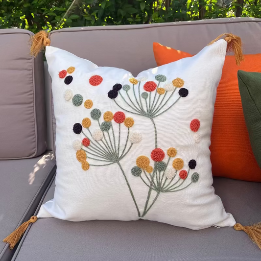 Wildflower Series square bloom embroidered cushion with tassels