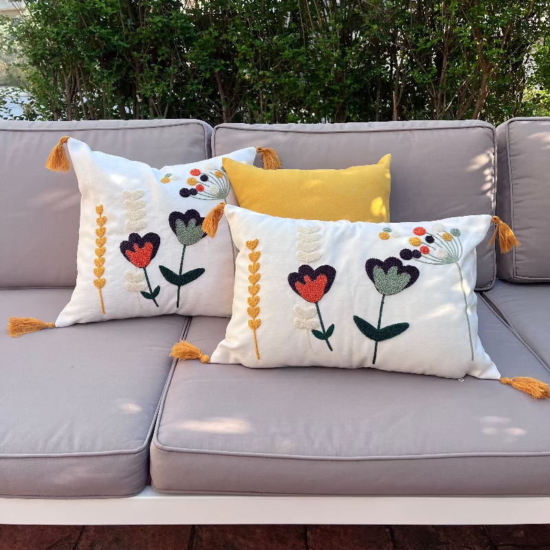 Wildflower Series square bloom embroidered cushion with tassels
