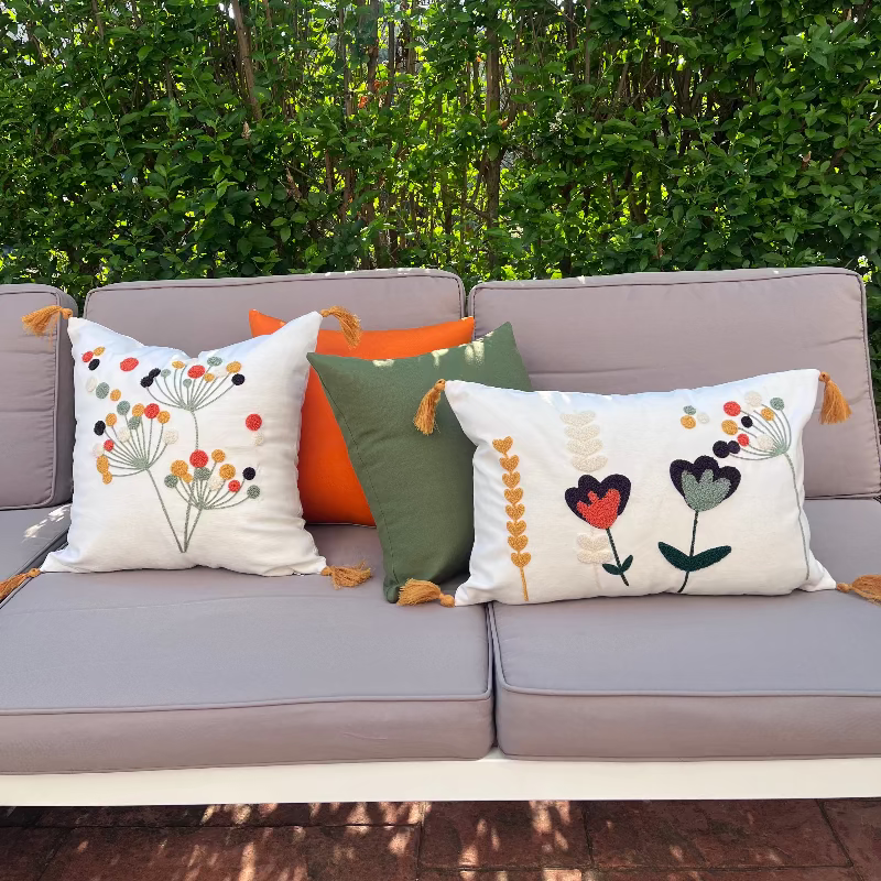 Wildflower Series square bloom embroidered cushion with tassels

