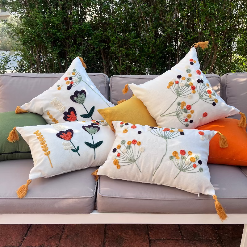 Wildflower Series square bloom embroidered cushion with tassels
