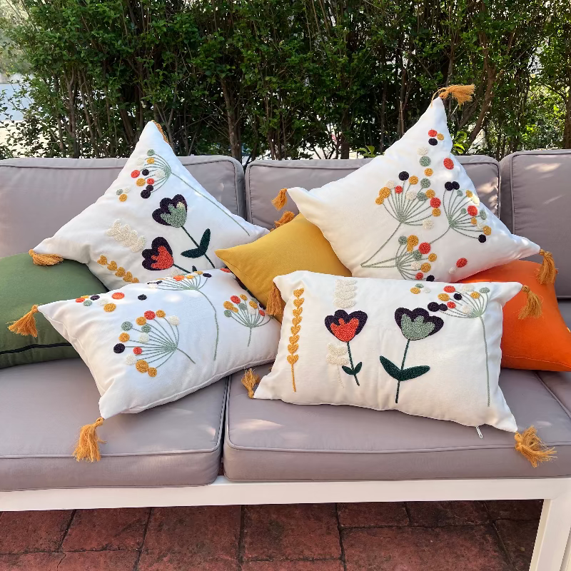 Wildflower Series square bloom embroidered cushion with tassels