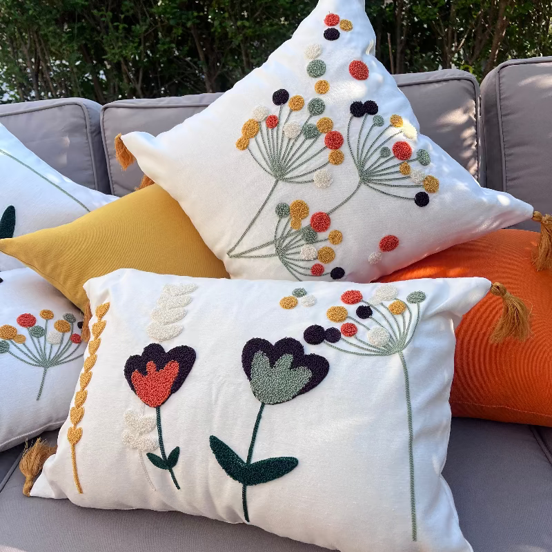 Wildflower Series square bloom embroidered cushion with tassels
