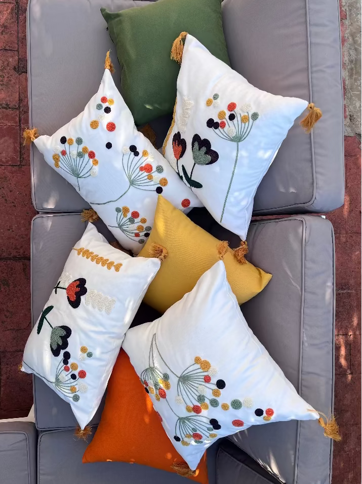 Wildflower Series square bloom embroidered cushion with tassels