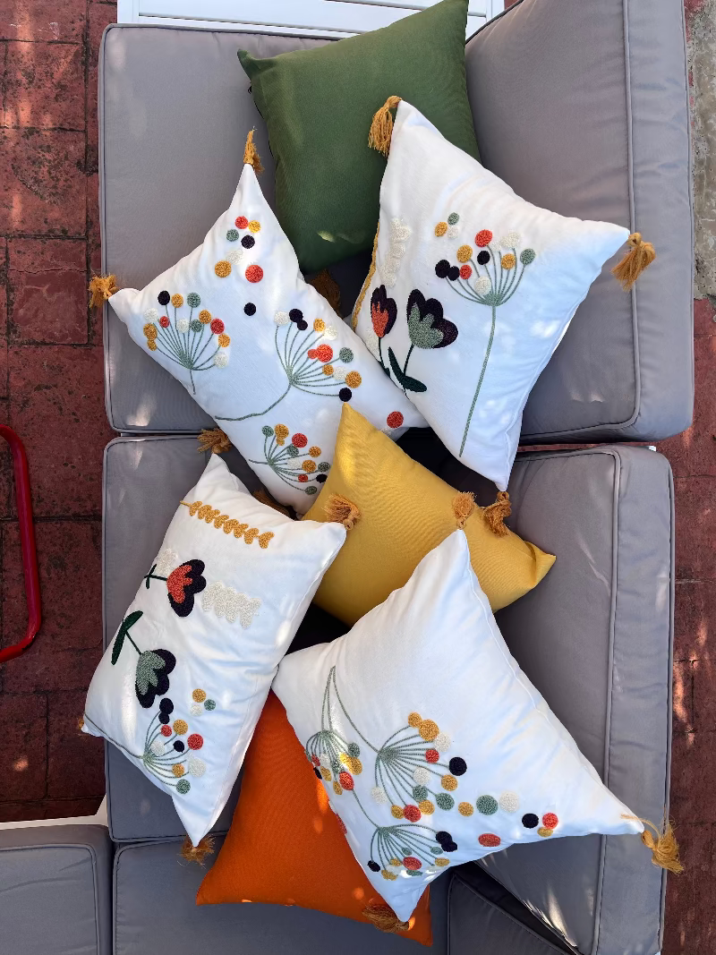 Wildflower Series square bloom embroidered cushion with tassels
