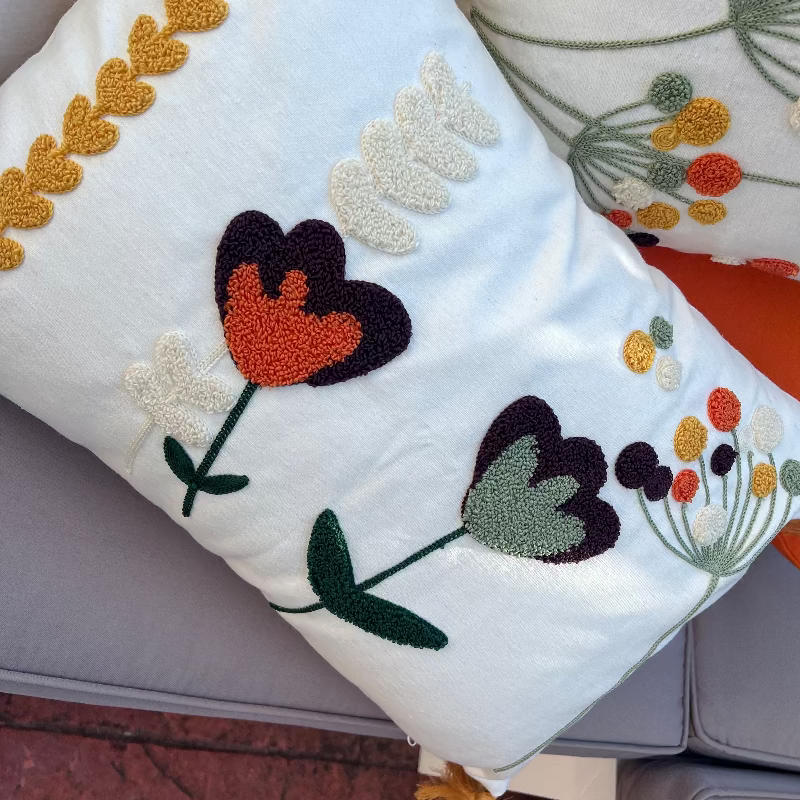 Wildflower Series square bloom embroidered cushion with tassels
